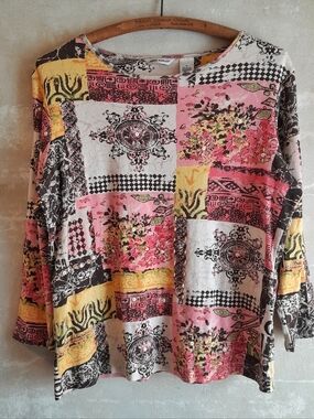 544a. pink & brown vintage Laura Ashley 100% cotton art abstract beaded top, M